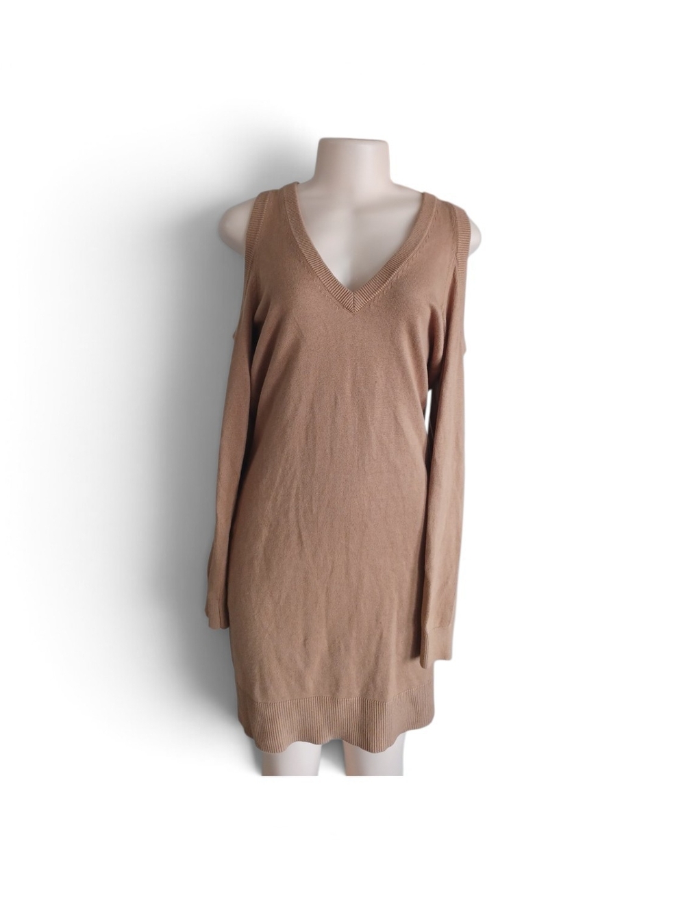 Michael Kors Camel Cold-Shoulder V-Neck Mini Dress